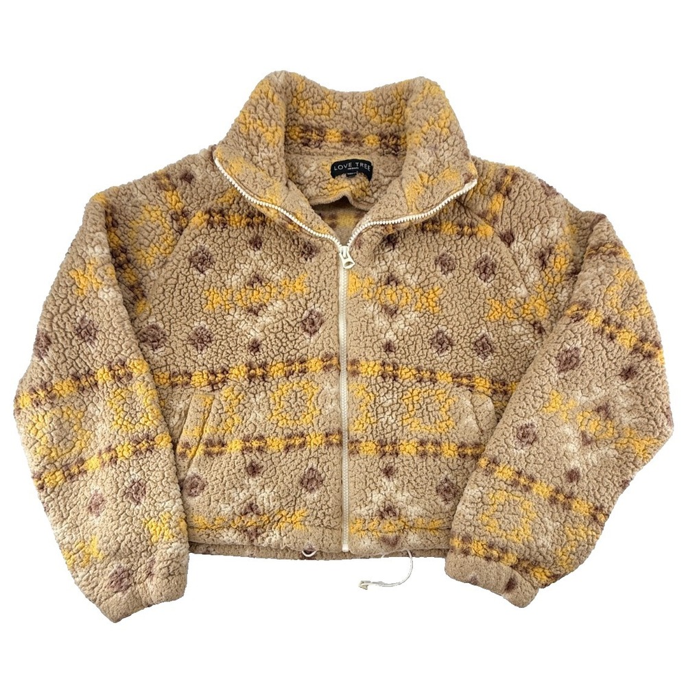 Love Tree Sherpa Jacket Womens Mediumโ Cropped Fleece Full Zip Cozy Tan Yellow
